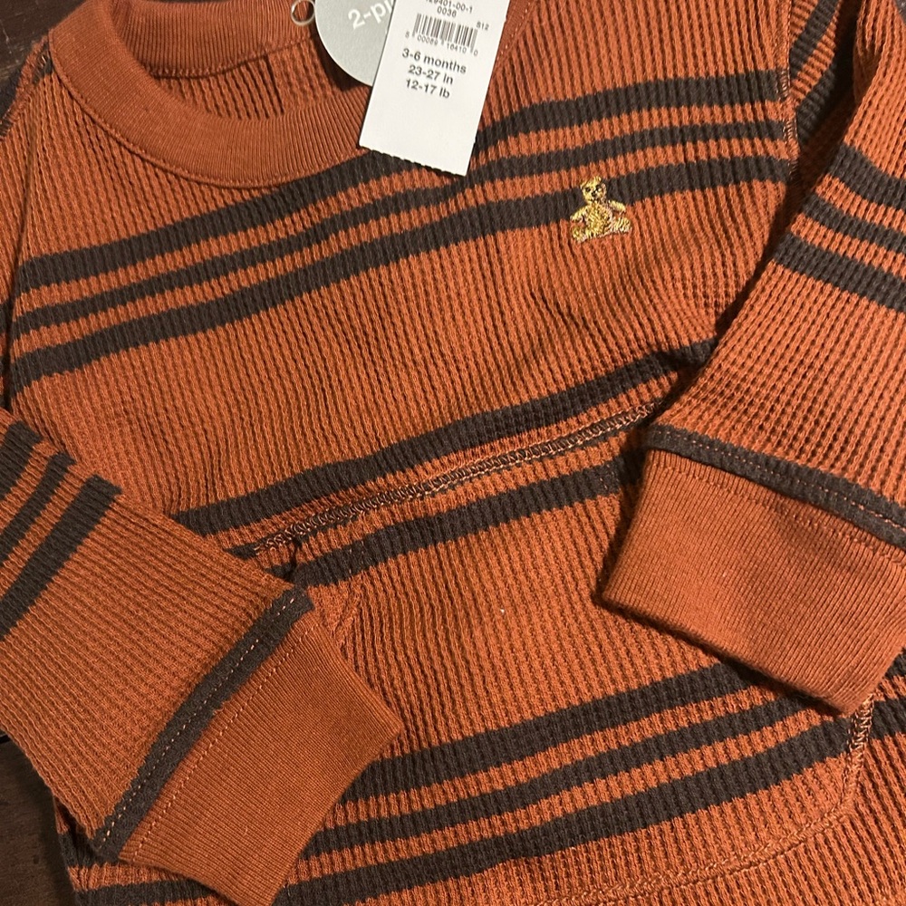 Baby Gap 2 Piece Waffle Long Sleeve Jogger Set 3-6 mos Brown/Black Stripe NWT